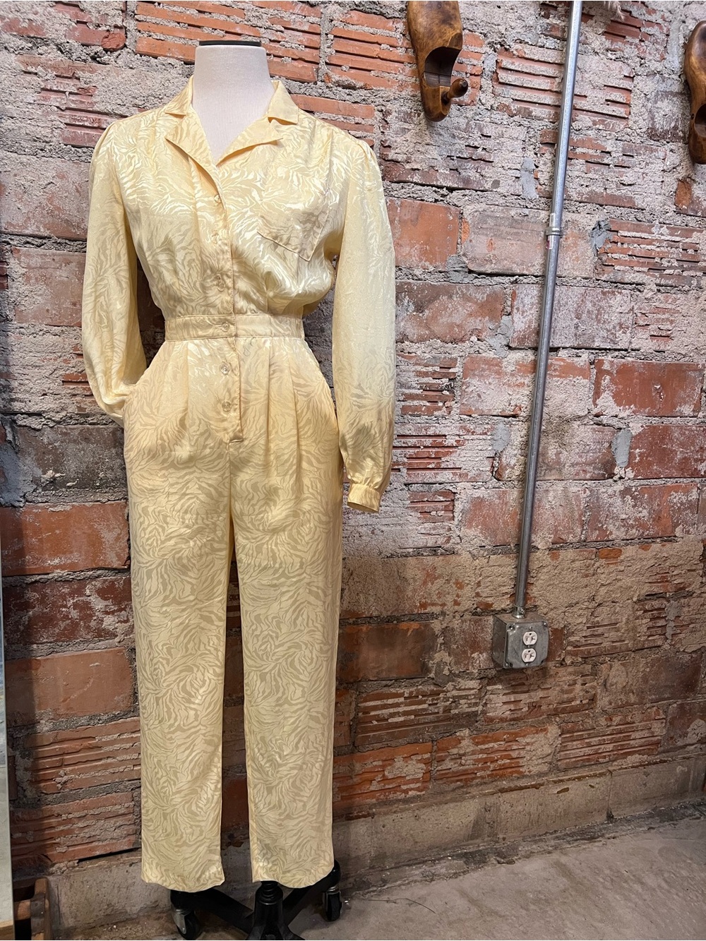 Vintage 70’s / 80’s Garey Petites satin like polyester button up jumpsuit small